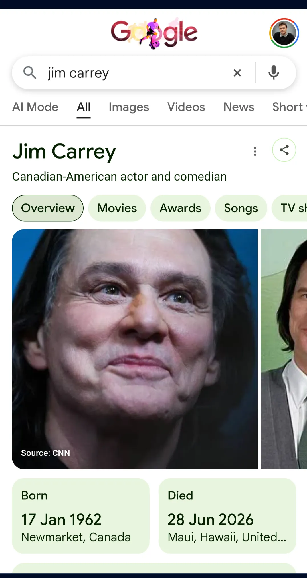 Google Knowledge Panel for Jim Carrey showing a date of death of 28th June 2026