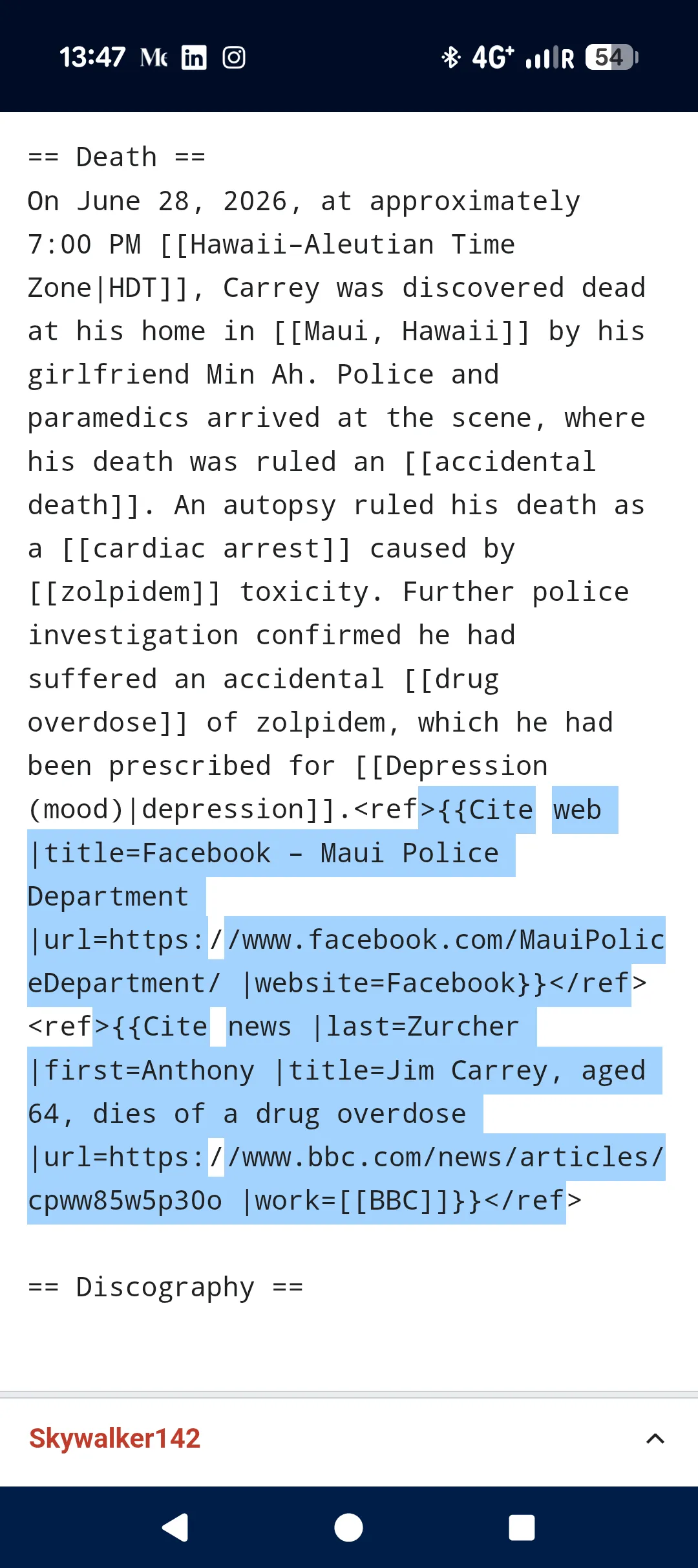 A screenshot of the Wikipedia edit showing a detailed death notice for Jim Carrey
