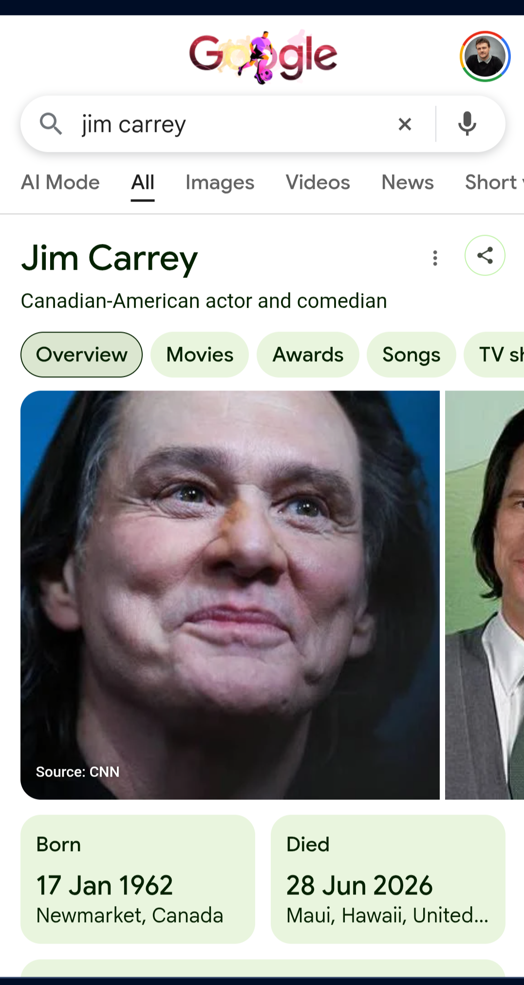 Google Knowledge Panel for Jim Carrey showing a date of death of 28th June 2026