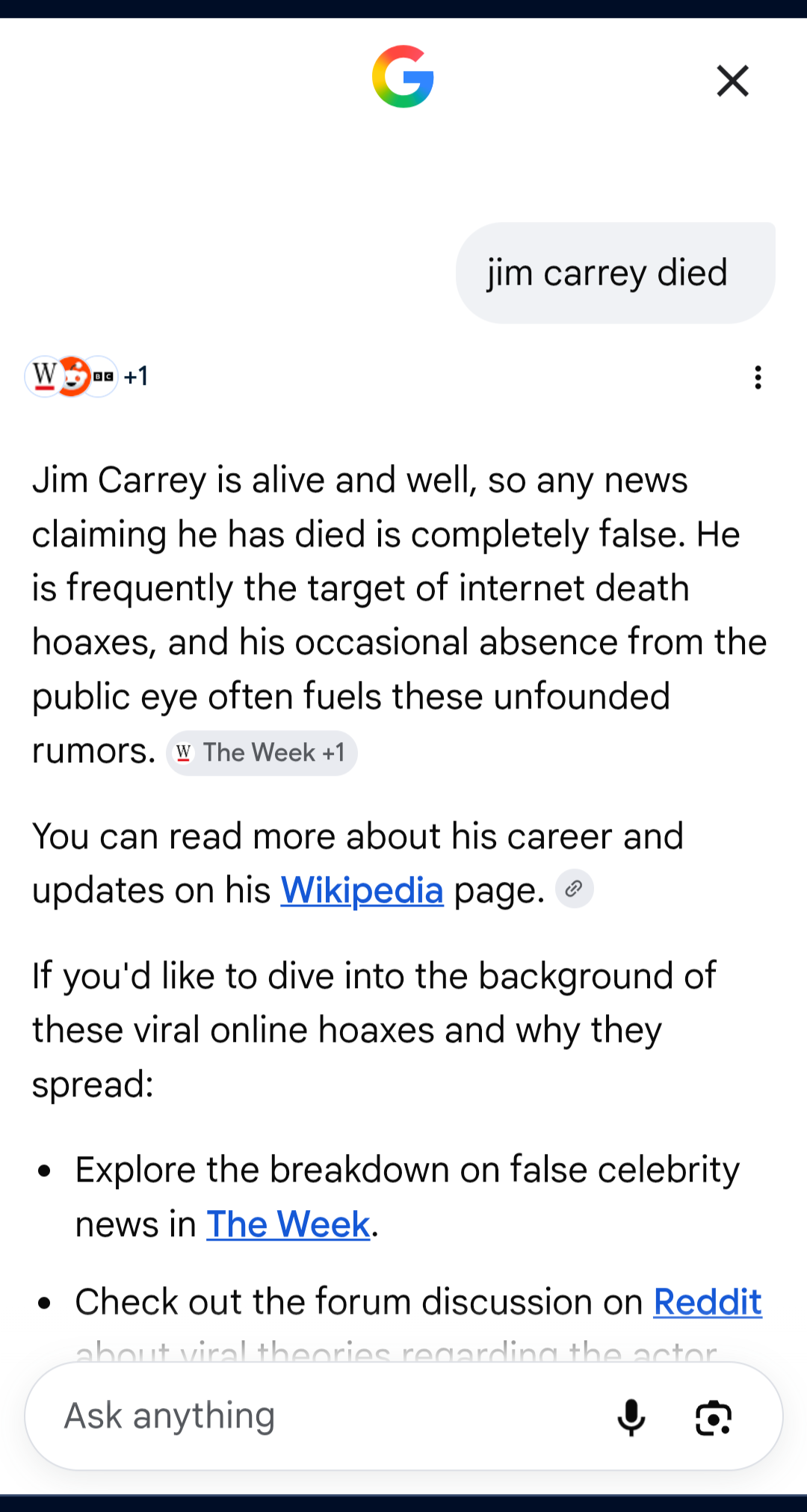 A screenshot of Gemini stating that reports of Jim Carrey's death were false