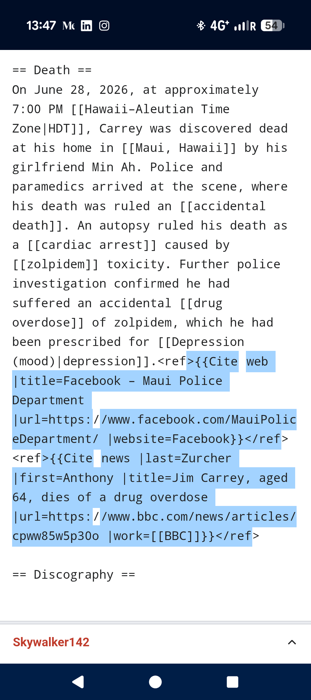 A screenshot of the Wikipedia edit showing a detailed death notice for Jim Carrey